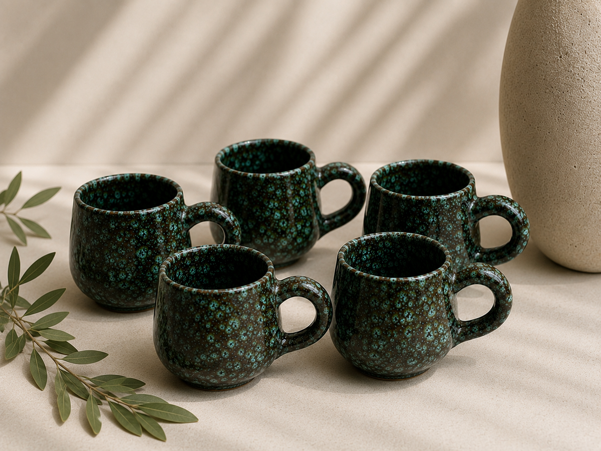 Speckled Glaze Mug set van 5 — handgemaakt Marokkaans keramiek