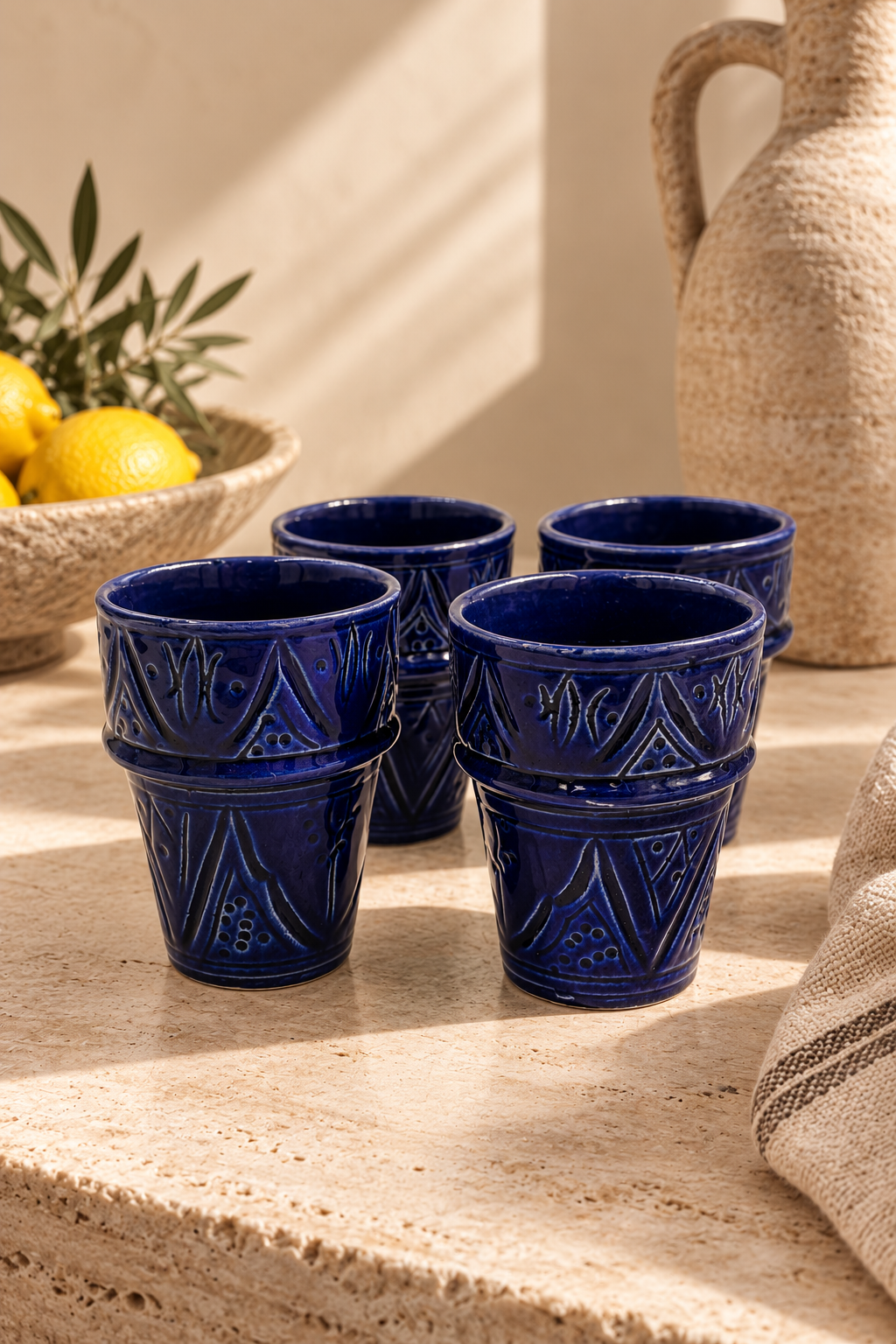 Heritage Cups Set van 4 Midnight Blue – handgemaakt Marokkaans keramiek kobaltblauw