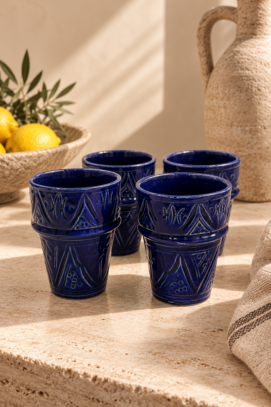 Heritage Cups Set van 4 Midnight Blue – handgemaakt Marokkaans keramiek kobaltblauw