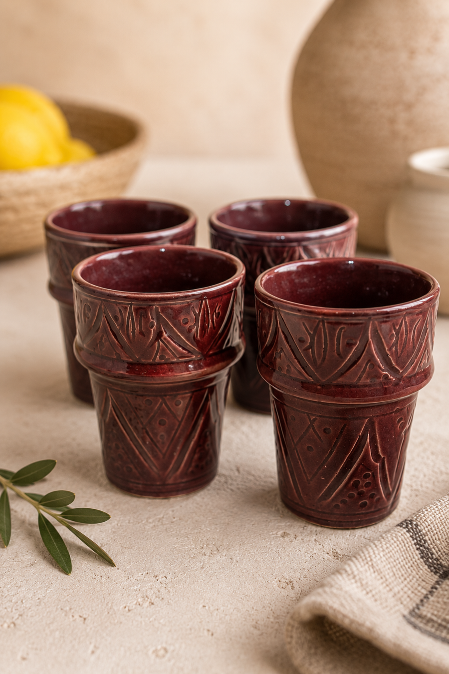 Heritage Cups Set van 4 Burgundy – handgemaakt Marokkaans keramiek wijnrood