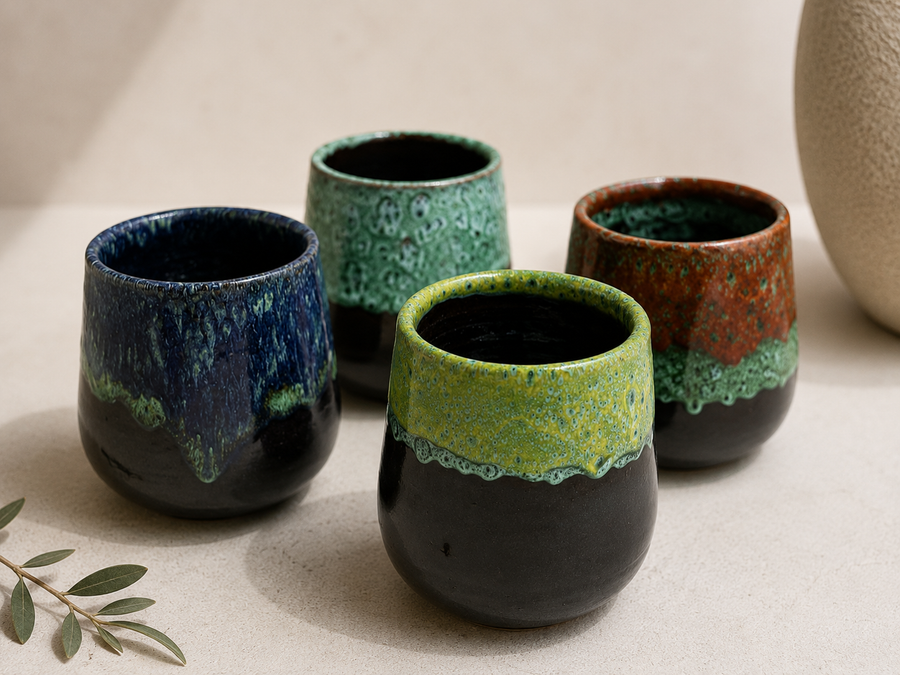Drip Glaze Cup Set van 4 Mixed Colors – handgemaakt Marokkaans keramiek druipend glazuur blauw groen geel terracotta