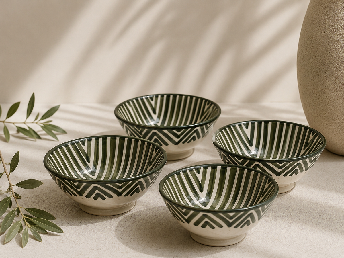 Forest Line Bowl Set van 4 – handgemaakt Marokkaans keramiek olijfgroen geometrisch patroon