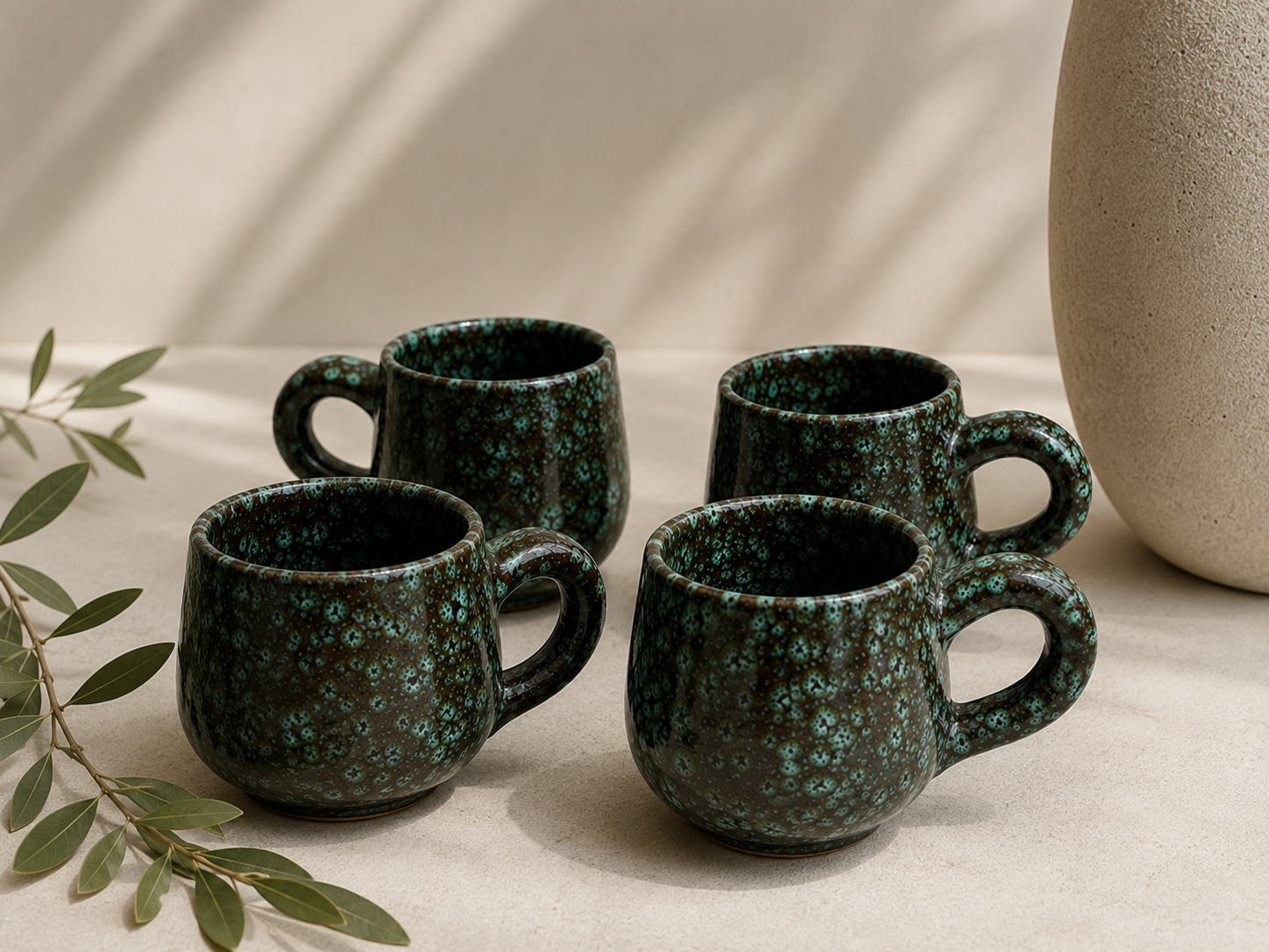 Speckled Mug with Handle Set van 5 Dark Green – handgemaakt Marokkaans keramiek donkergroen turquoise