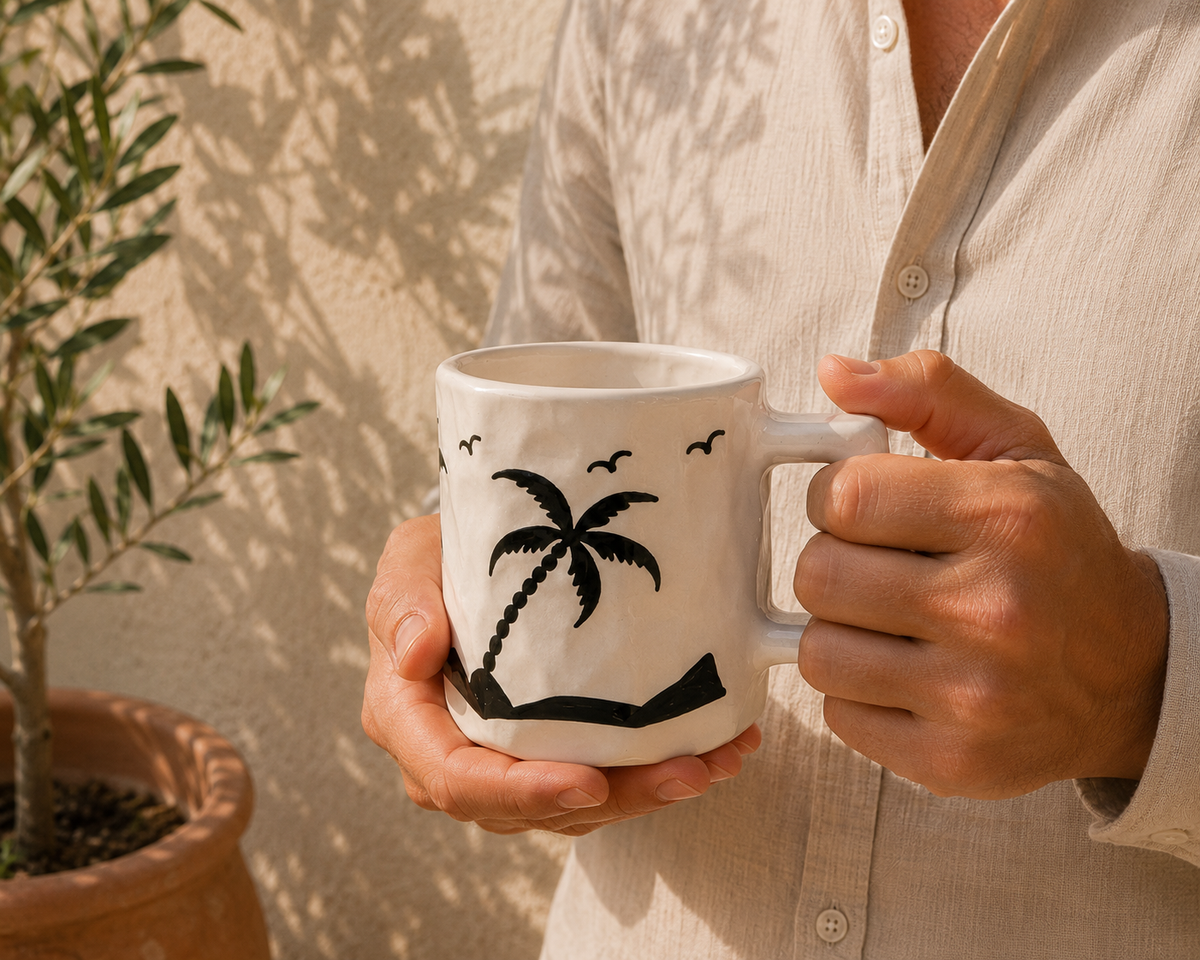 Handgemaakte keramieken palmboom mok in handen gehouden