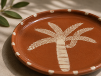 Palm Tree Ceramic Plate detail — hand-engraved palm motif on terracotta