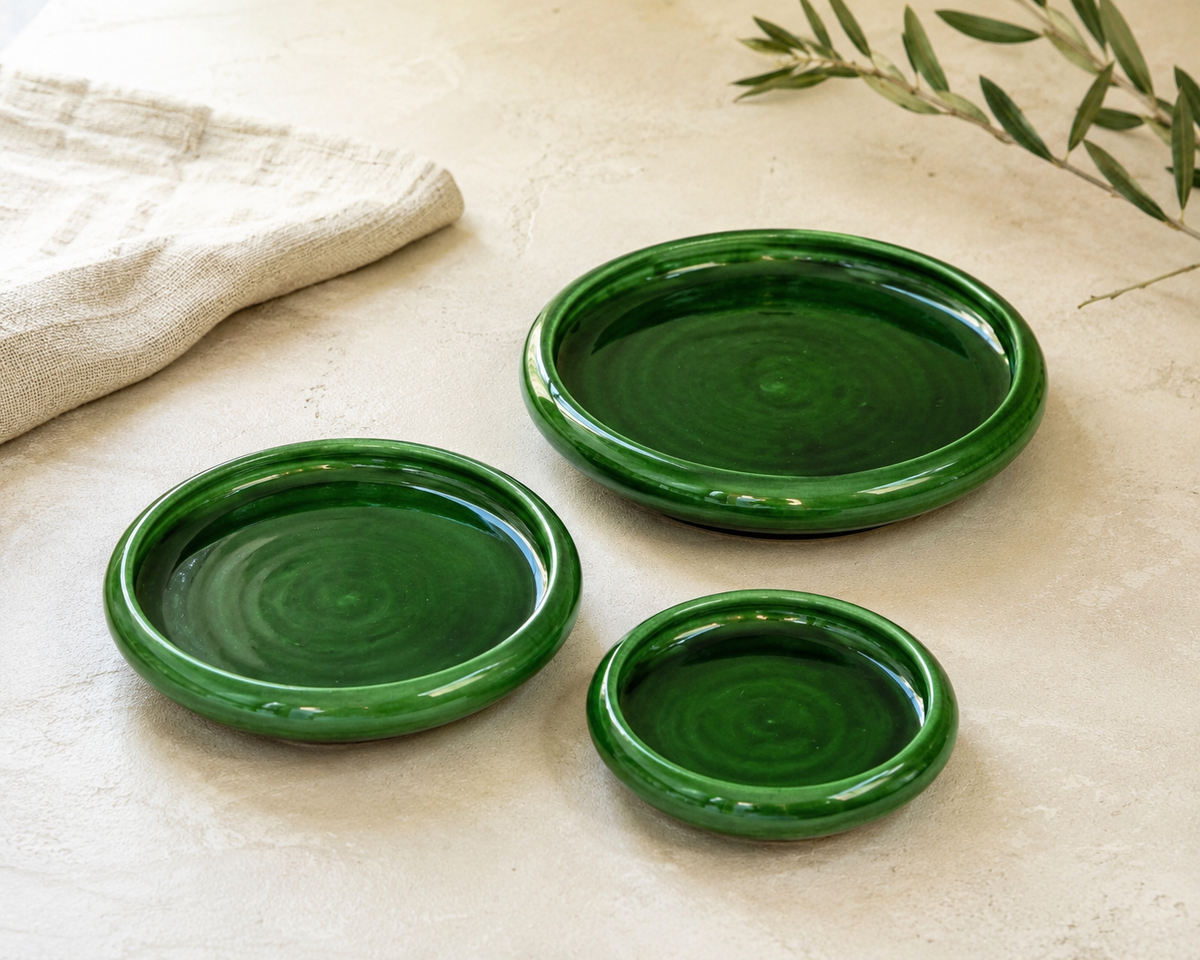 Set van 3 handgemaakte groene Marokkaanse tapas borden — 3 maten