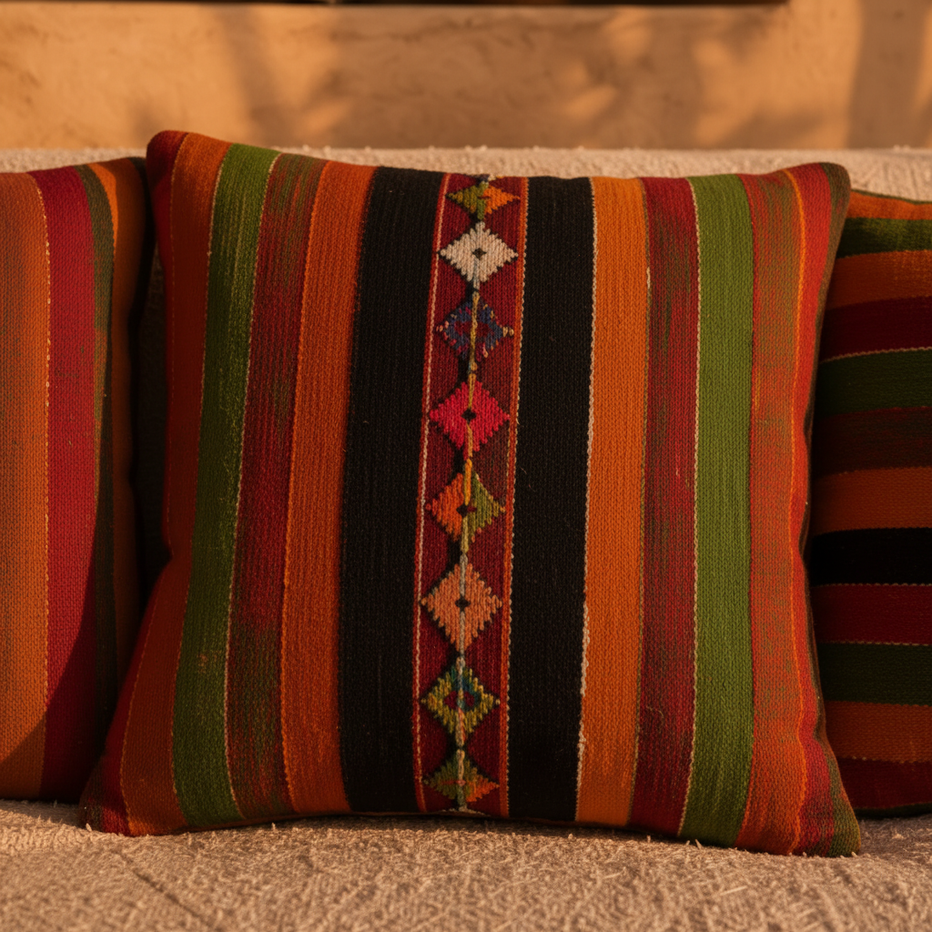 Marrakech Sunset — close-up detail van kleurrijke handgeweven kussenslopen