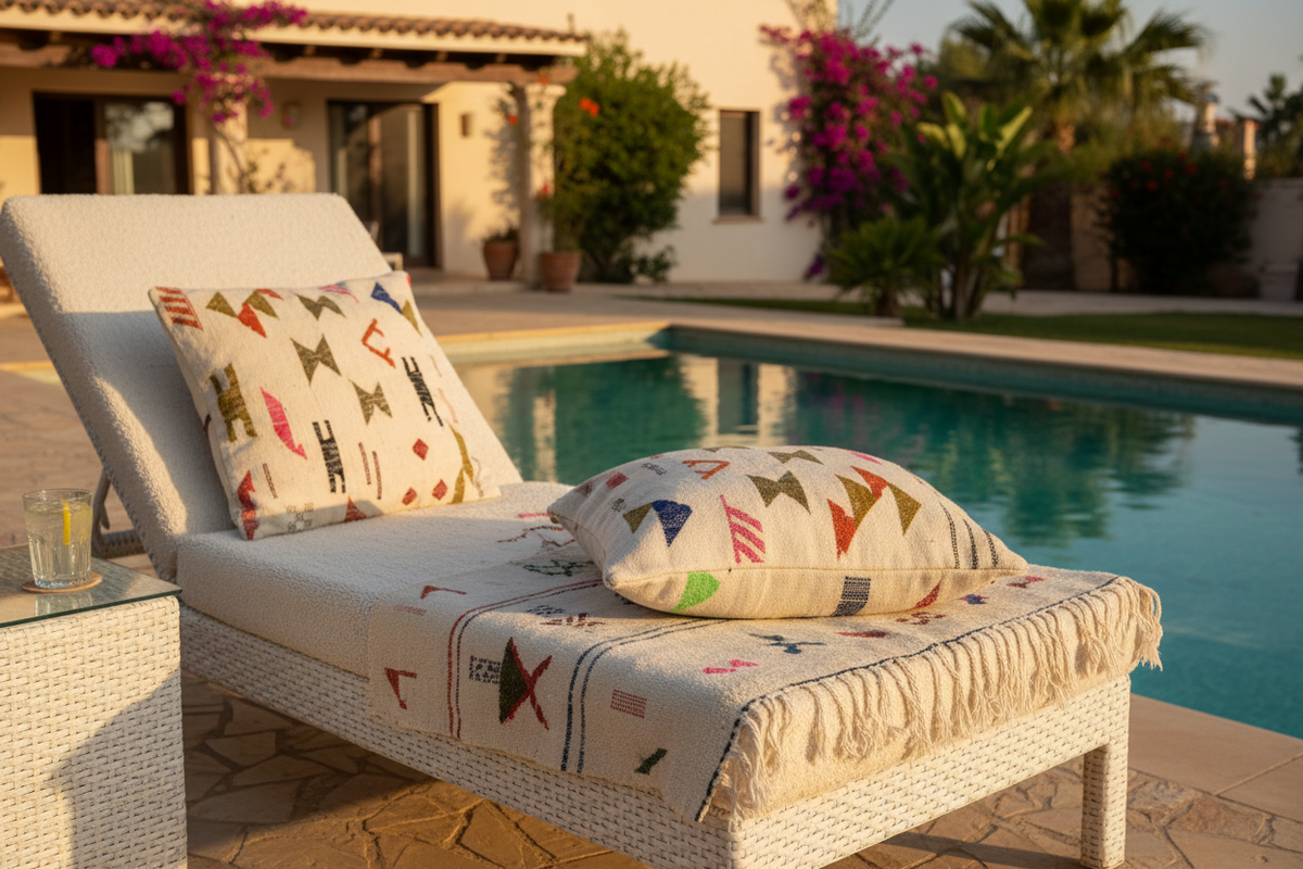 Handwoven Moroccan Berber cushion set beside a swimming pool
