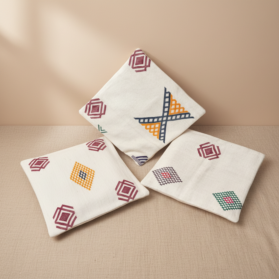 Set van 3 handgeborduurde Berber kussenslopen met Amazigh-motieven