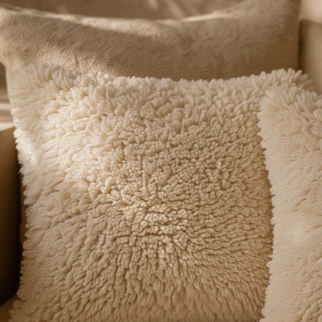 Berber Cushion Set Natural Wool — close-up detail van fluffy wollen textuur