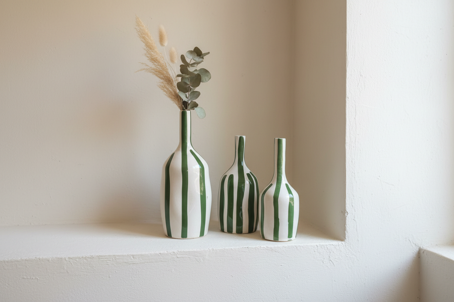 Set van 3 Beldi vazen met groene strepen — lifestyle interieur