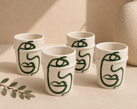 Face Cup Set van 4 White & Green – handgemaakt Marokkaans keramiek met gezichtspatroon