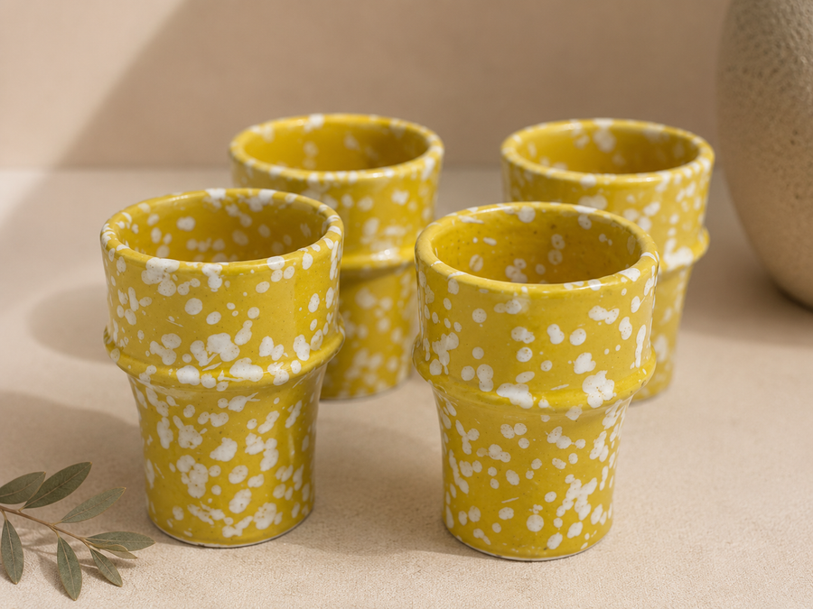 Speckled Espresso Cup Set van 4 Yellow – handgemaakt Marokkaans keramiek geel gespikkeld